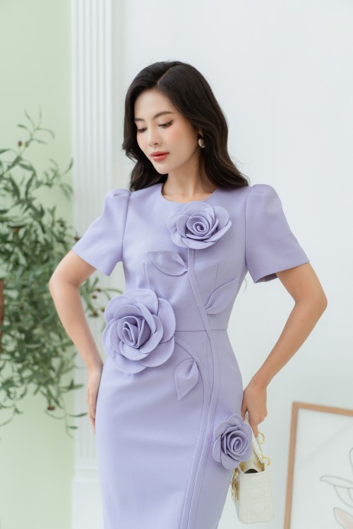 Sixdo Lilac Puff-sleeves Midi Raw Dress